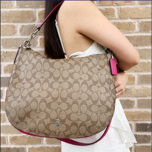 👜💕Coach Hobo Top Zop Shoulder Bag Khaki Pink - Picture 2 of 7